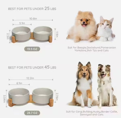 Ceramic Cat Bowl with Wood Stand