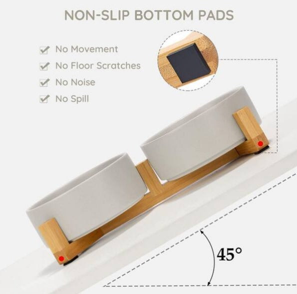 Ceramic Cat Bowl with Wood Stand