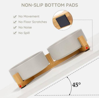 Ceramic Cat Bowl with Wood Stand