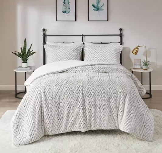 3-Piece Ivory Geometric Faux Fur Duvet Cover Set