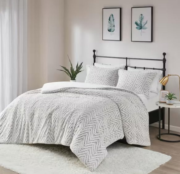 3-Piece Ivory Geometric Faux Fur Duvet Cover Set