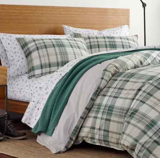 3-Piece Green Plaid Cotton Duvet Cover Set