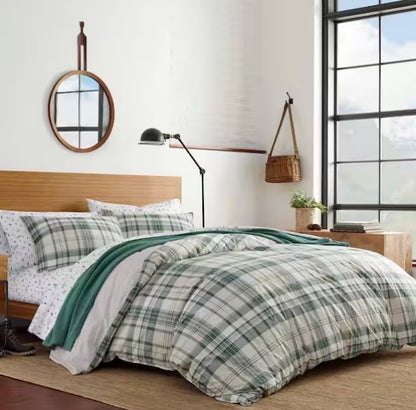 3-Piece Green Plaid Cotton Duvet Cover Set