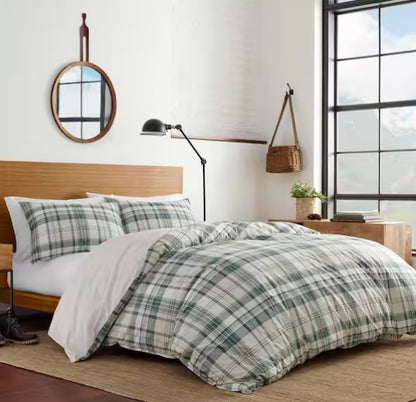 3-Piece Green Plaid Cotton Duvet Cover Set