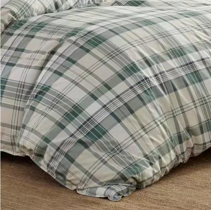 3-Piece Green Plaid Cotton Duvet Cover Set