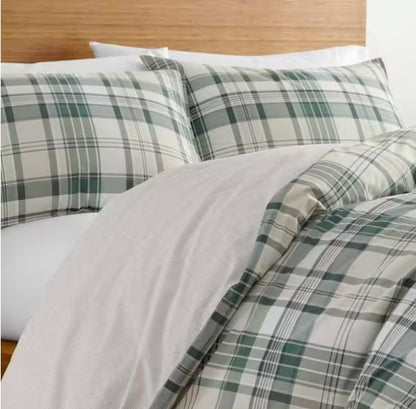 3-Piece Green Plaid Cotton Duvet Cover Set