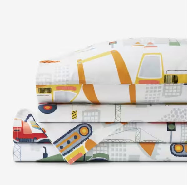 Construction Trucks White Multi Organic Cotton Sheet Set