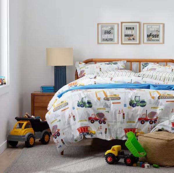 Construction Trucks White Multi Organic Cotton Sheet Set
