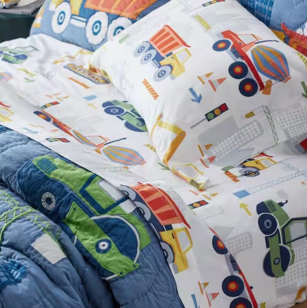 Construction Trucks White Multi Organic Cotton Sheet Set