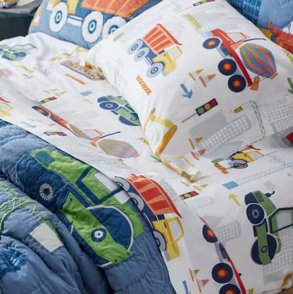 Construction Trucks White Multi Organic Cotton Sheet Set