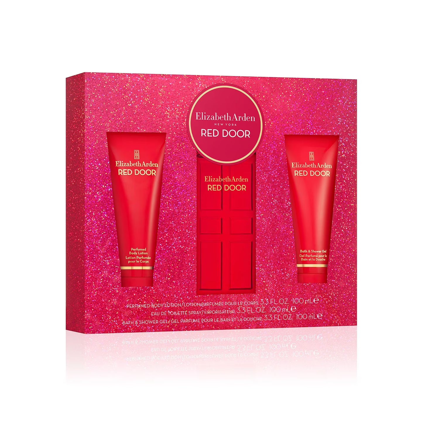 Eau de Toilette 3.3 fl. oz, 3.3 fl. oz body lotion, and Shower Gel 3.3 fl. oz.
