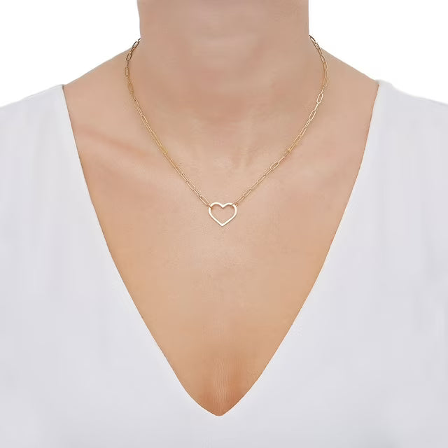 Open Heart Paperclip Chain Pendant Necklace in 14K Gold