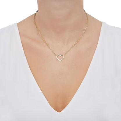 Open Heart Paperclip Chain Pendant Necklace in 14K Gold