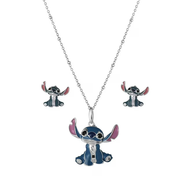 Lilo and Stitch Stud Earring and Pendant Necklaces Set in Sterling Silver