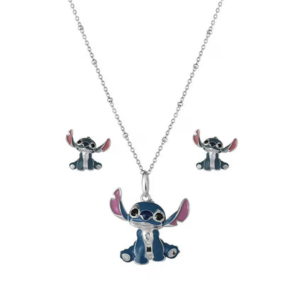 Lilo and Stitch Stud Earring and Pendant Necklaces Set in Sterling Silver