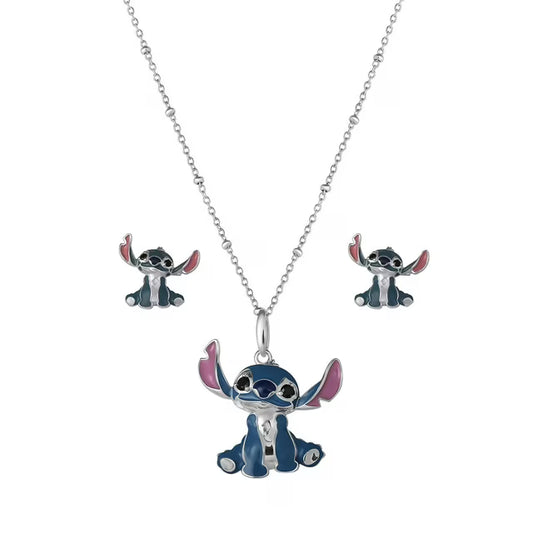 Lilo and Stitch Stud Earring and Pendant Necklaces Set in Sterling Silver