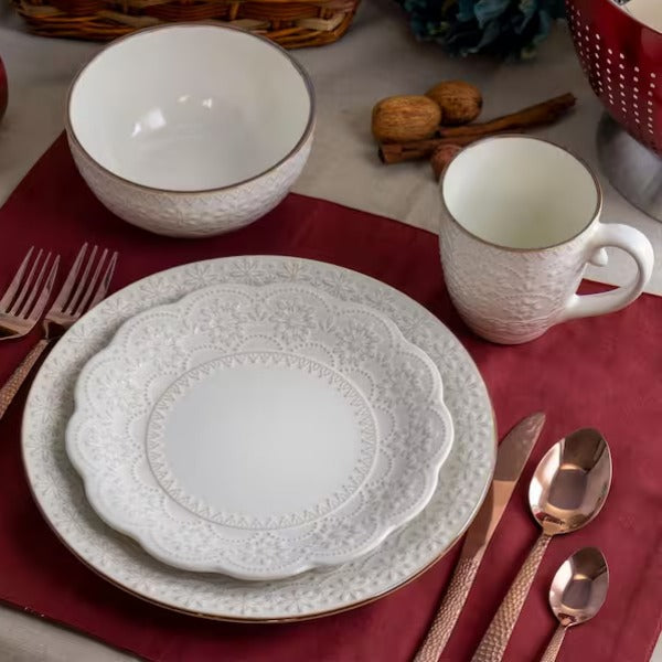 16-Piece Contessa Embossed Ivory Stoneware Dinnerware Set