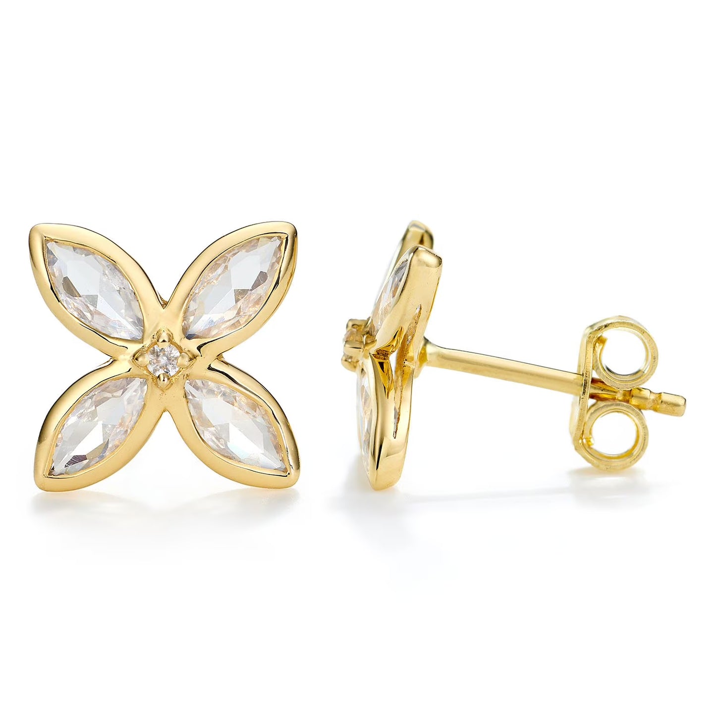 Lab White Sapphire Flower Earrings in 14K Yellow Gold