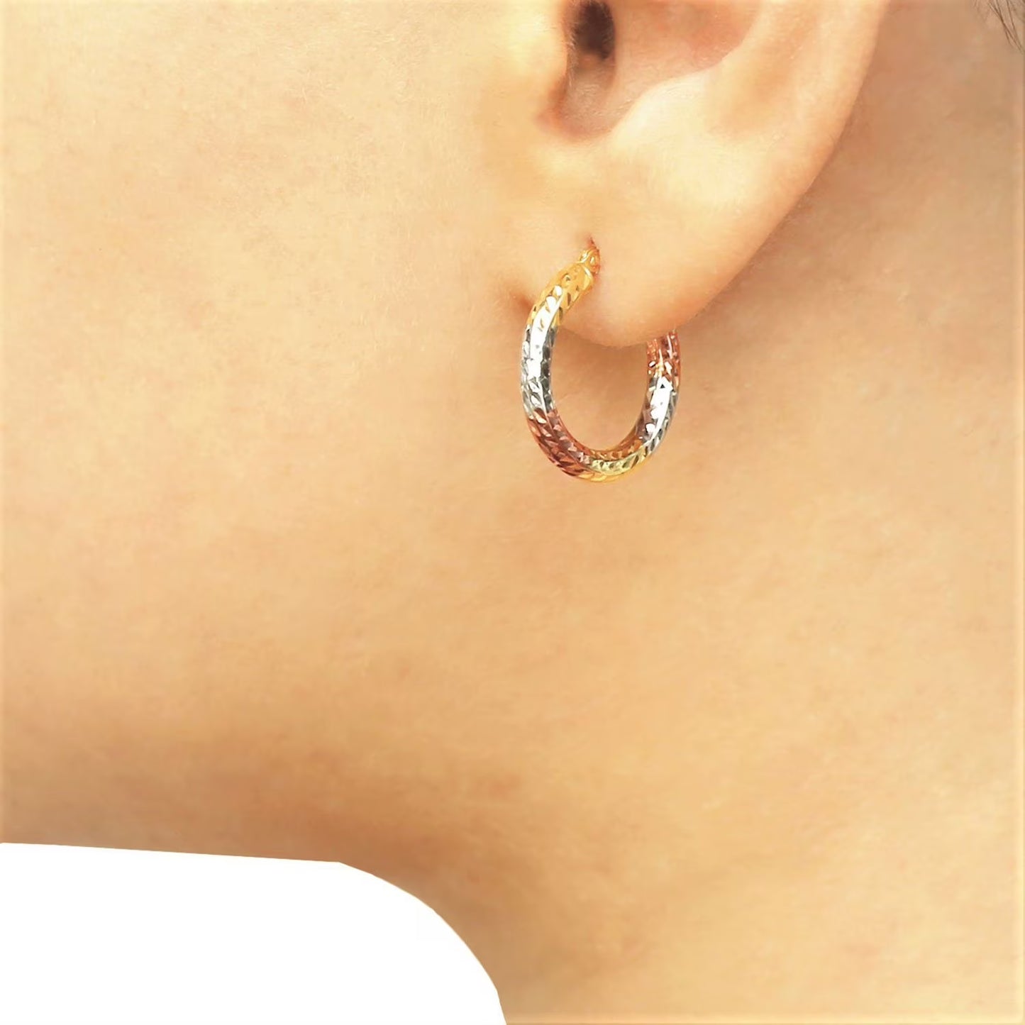 Diamond Cut Hoop Earrings in 14K Tri-Gold