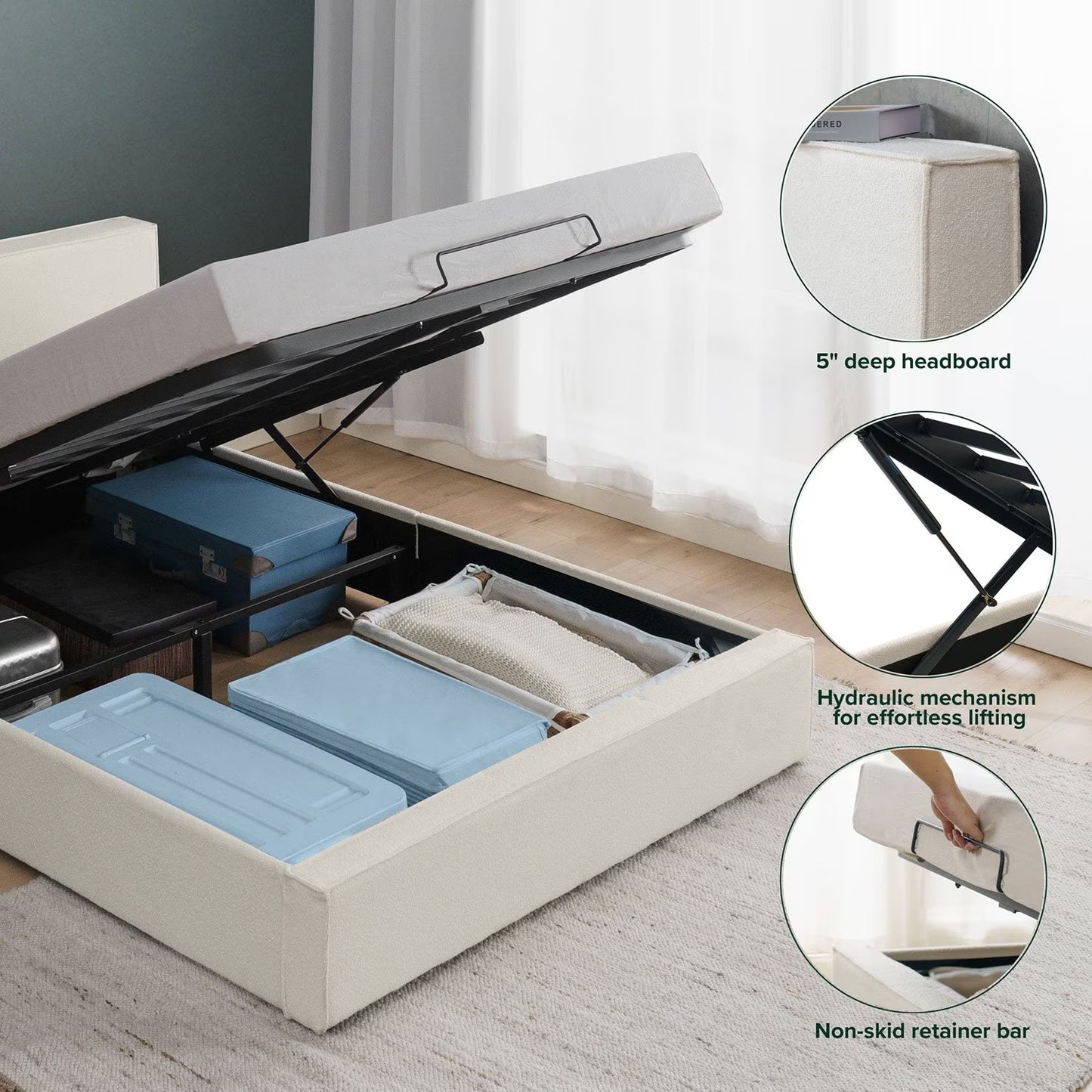 ZINUS Night Therapy Boucle Platform Bed Frame With Lifting Storage