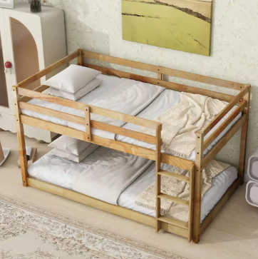Brown Twin over Twin Size Bunk Bed with Ladder and Strengthened Slats