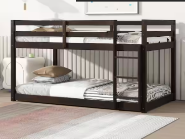 Brown Twin over Twin Size Bunk Bed with Ladder and Strengthened Slats