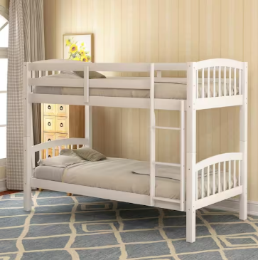 Twin over Twin Wood Bunk Bed with Ladder, White  - Divided into 2 Separate Beds
