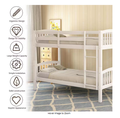 Twin over Twin Wood Bunk Bed with Ladder, White  - Divided into 2 Separate Beds