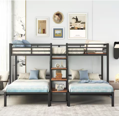 Bed with Shelves and Staircase -  Black Twin over Twin and Twin Bunk