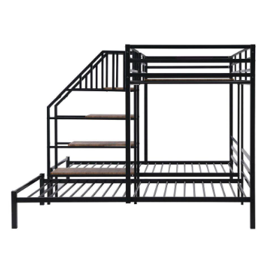 Bed with Shelves and Staircase -  Black Twin over Twin and Twin Bunk