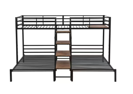Bed with Shelves and Staircase -  Black Twin over Twin and Twin Bunk