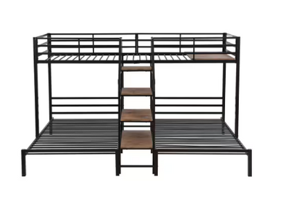 Bed with Shelves and Staircase -  Black Twin over Twin and Twin Bunk