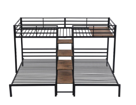 Bed with Shelves and Staircase -  Black Twin over Twin and Twin Bunk