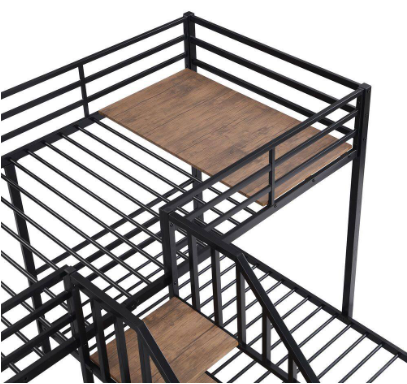 Bed with Shelves and Staircase -  Black Twin over Twin and Twin Bunk