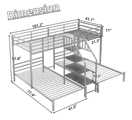 Bed with Shelves and Staircase -  Black Twin over Twin and Twin Bunk