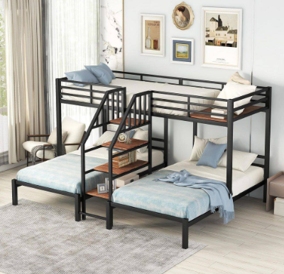 Bed with Shelves and Staircase -  Black Twin over Twin and Twin Bunk