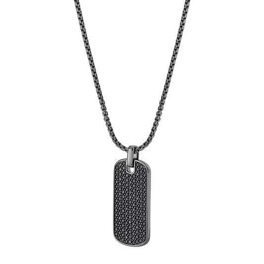 Men's Black Spinel Dog Tag Pendant Chain Necklace in Sterling Silver