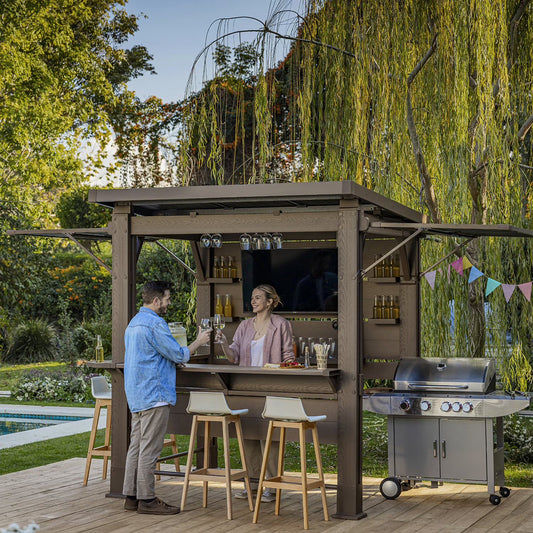 Keter 11' x 7' Signature Collection Resin Outdoor Bar Pine Gazebo with Awning