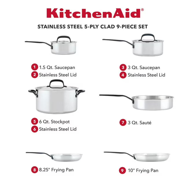 5-Ply Clad Stainless Steel 9-Piece Cookware Set