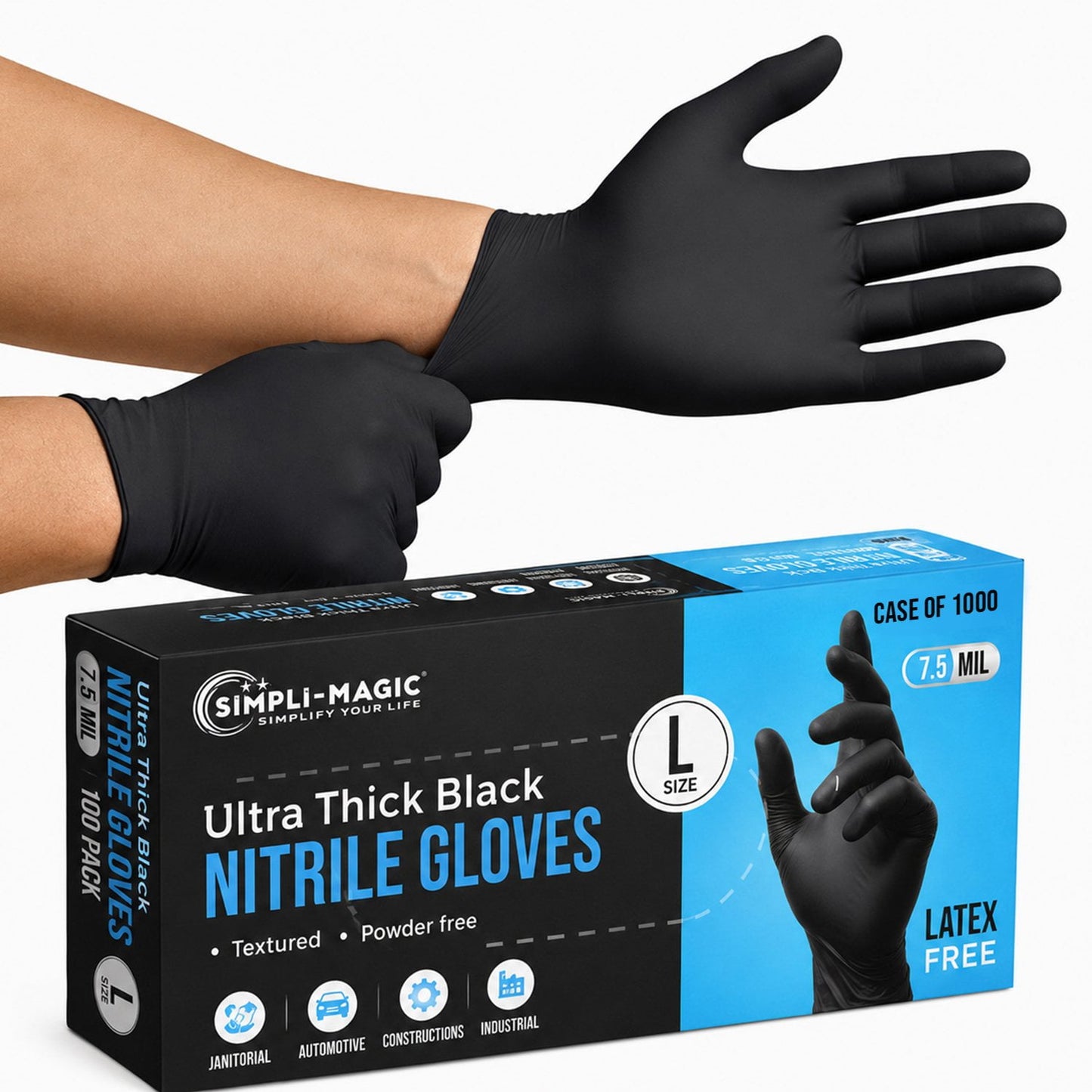 Simpli-Magic Industrial Black Nitrile Gloves, 1000-Count - M, L & XL