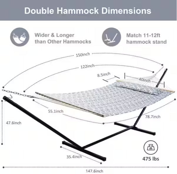 Heavy-Duty 2-Person Hammock with Stand and Detachable Pillow