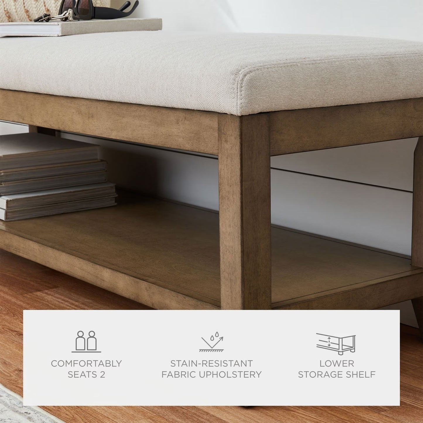 Beige Fabric Upholstery and Wood Bench with Lower Storage Shelf