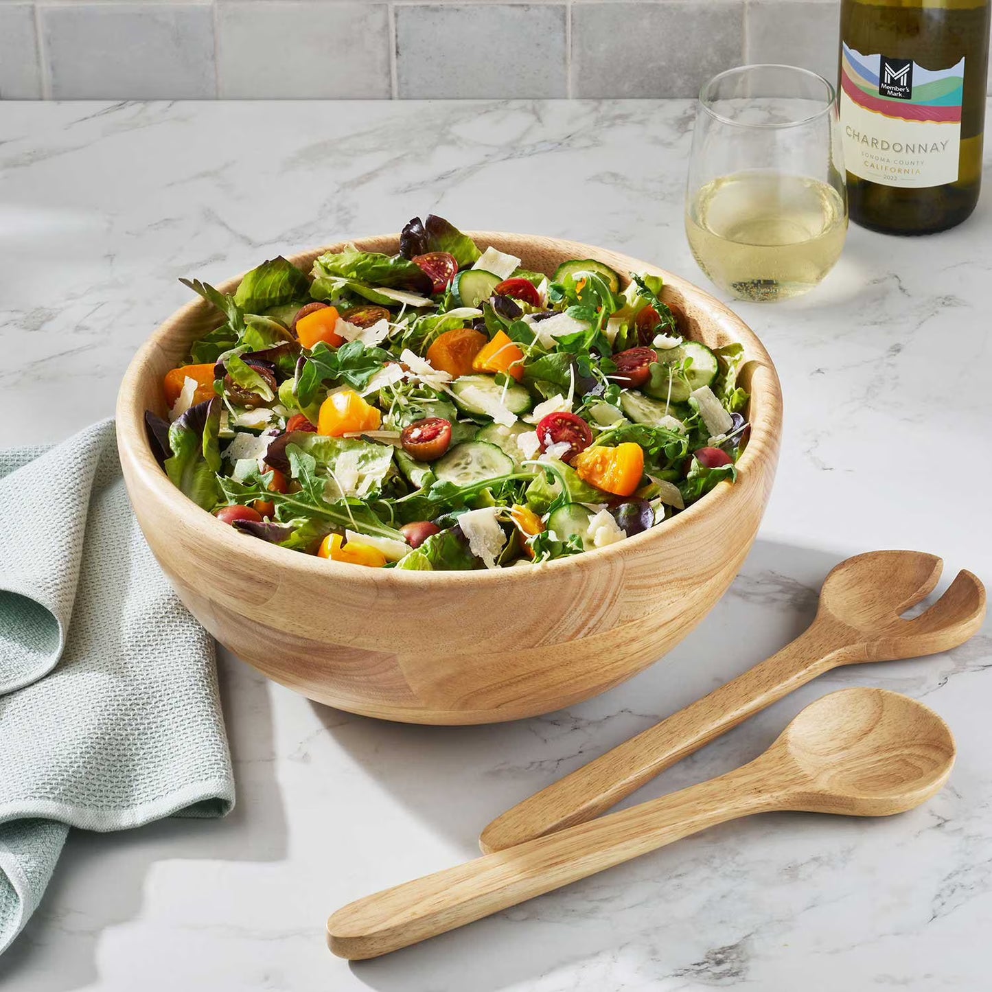 Rubber Wood Salad Bowl with Servers