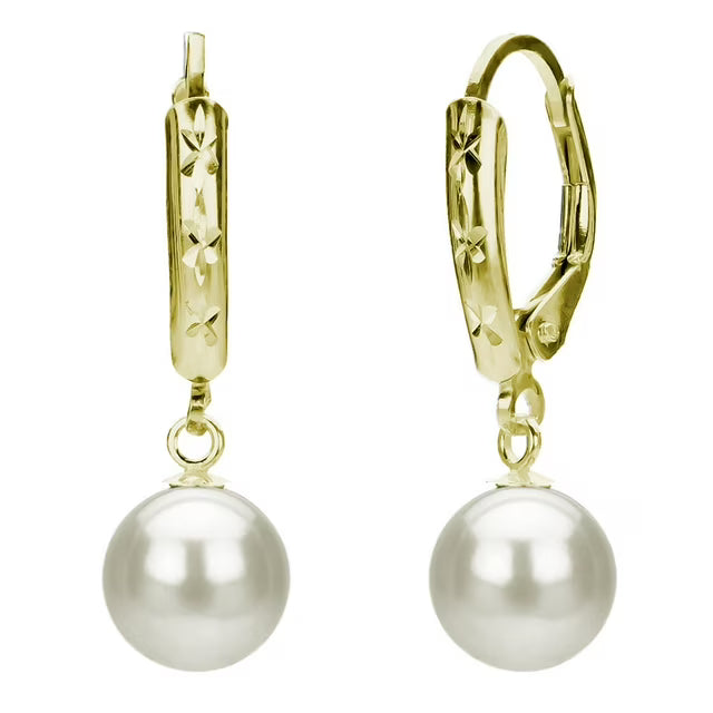 7-8mm Freshwater Pearl Diamond Cut Leveback Earrings in 14K Gold