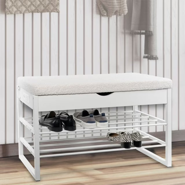 Home Upholstered Storage Bench with Charging Station, White