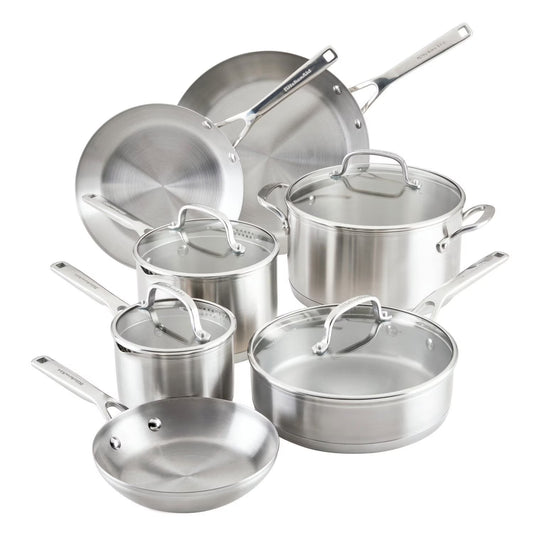 3 Ply Base Stainless Steel 11 Piece Cookware Set, Brushed Stainless Steel