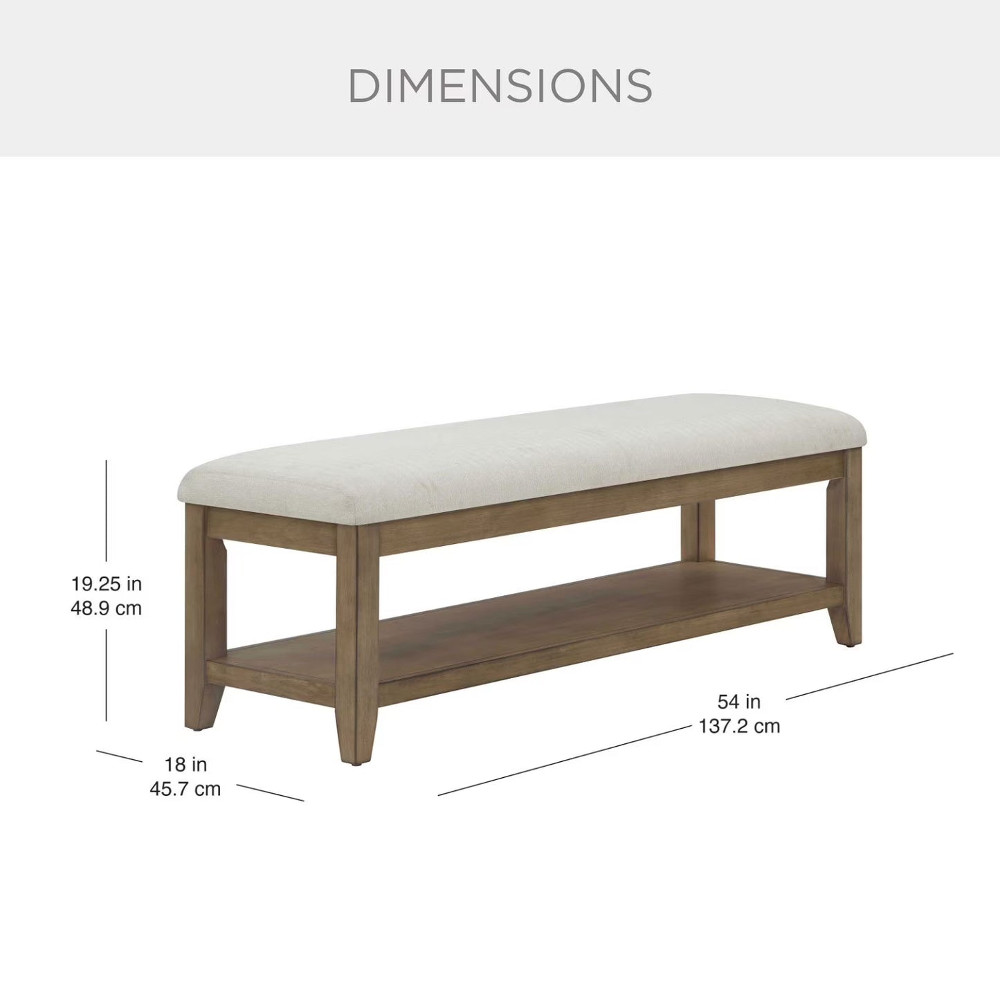 Beige Fabric Upholstery and Wood Bench with Lower Storage Shelf