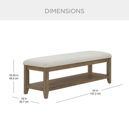 Beige Fabric Upholstery and Wood Bench with Lower Storage Shelf