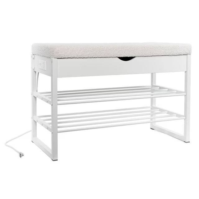 Home Upholstered Storage Bench with Charging Station, White