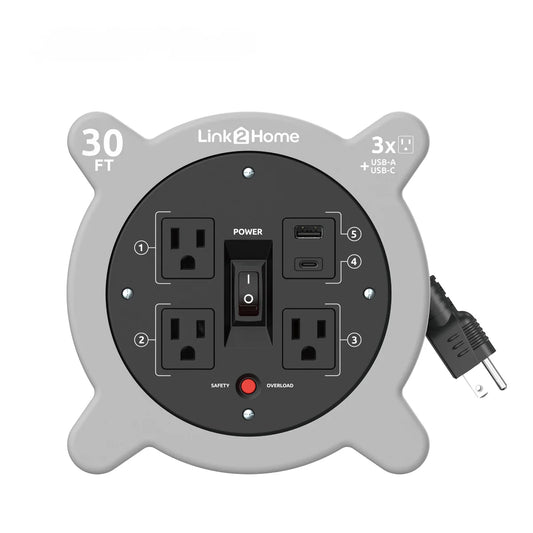 Cord Reel with 3 Outlets 2 USB A/C - Link2Home 30ft.